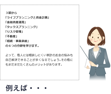 ３級から「ライフプランニングと資金計画」「金融資産運用」「タックスプランニング」「リスク管理」「不動産」「相続・事業承継」の６つの分野を学びます。よって、他人には相談しにくい家計のお金の悩みも自己解決できることが多くなるでしょう。その他にもまだまだたくさんのメリットがあります。